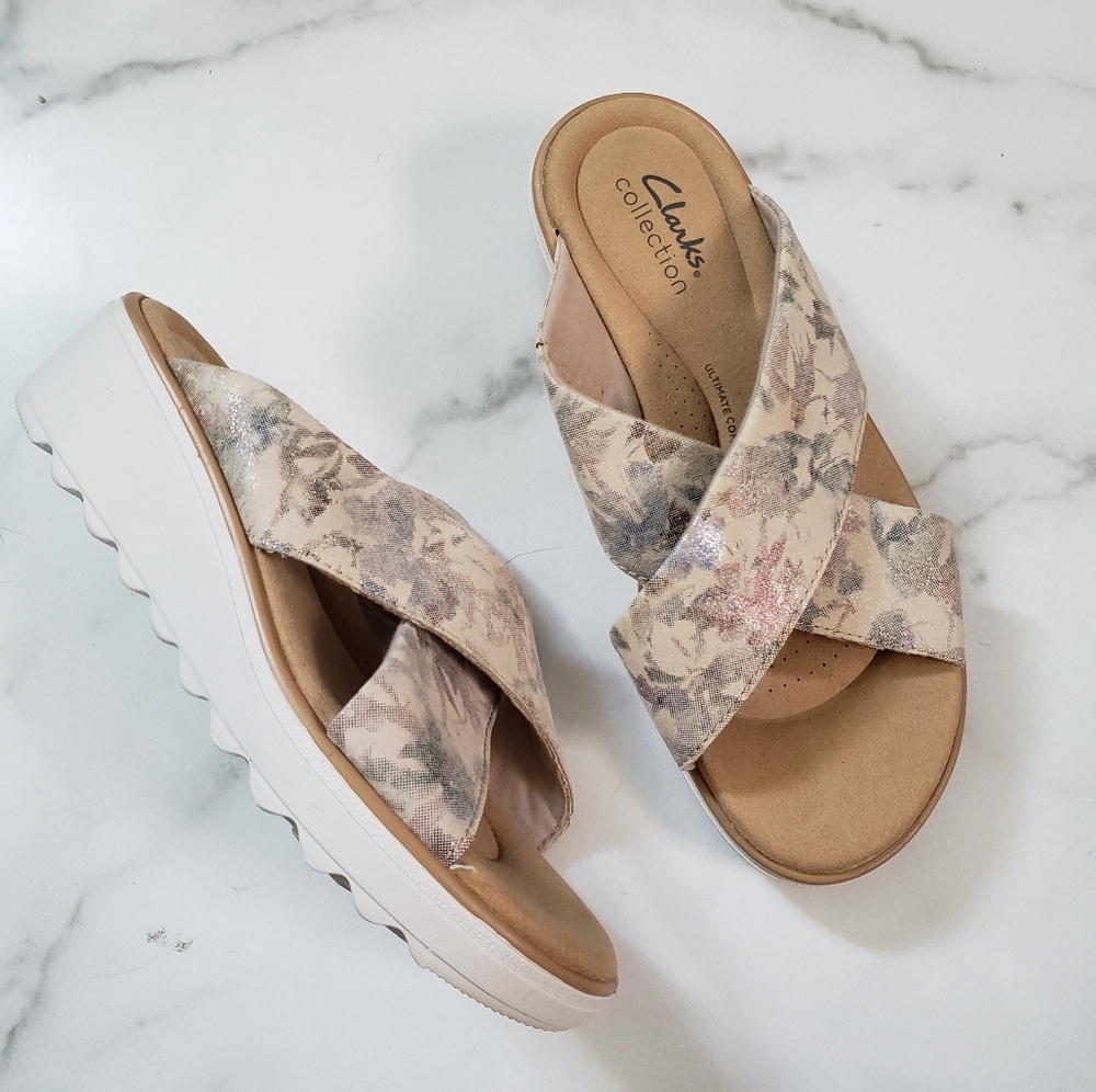 Clarks Collection Wedge Slide Sandals Jillian Gem-Sand Size 6.5 Wide A394305 - Picture 8 of 8